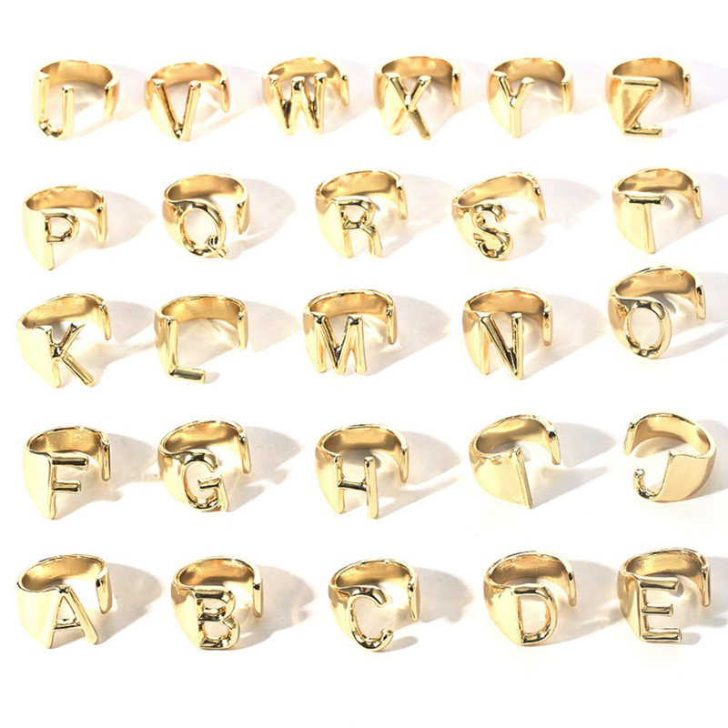 A-T Hollow A Z Letter Gold Color Metal Adjustable Opening Ring Initials Name Alphabet Party Jewelry