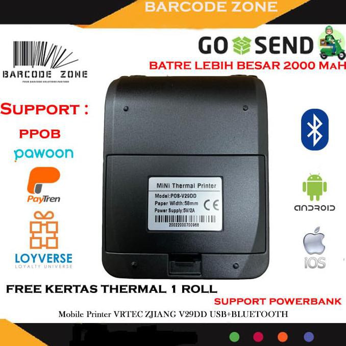 MINI PRINTER POS PPOB/KASIR 58MM THERMAL VRTEC V29DD (BLUETOOTH+USB)