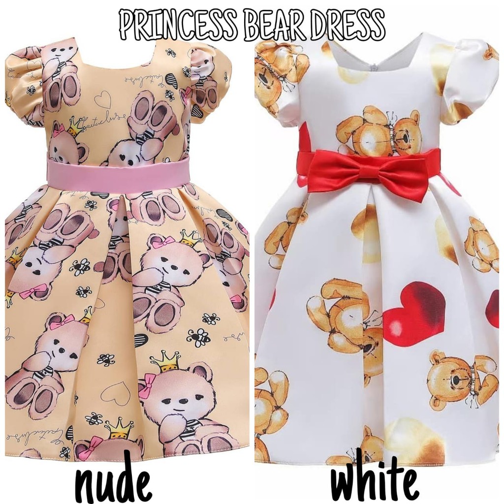 PRINCESS BEAR DRESS / DRES GAUN PESTA ANAK PEREMPUAN MOTIF BONEKA BERUANG PUTIH NUDE KOREA IMPOR