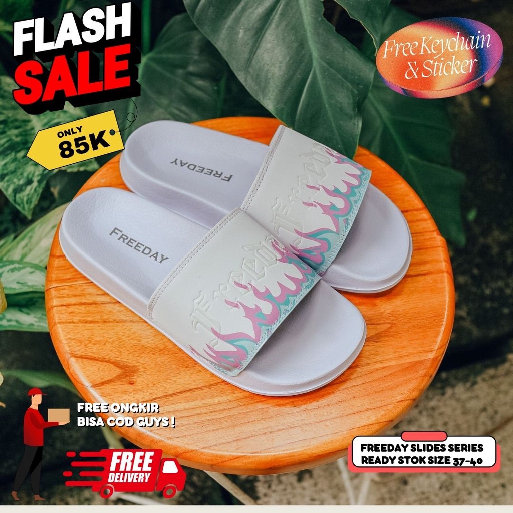 BISA COD SANDAL FREEDAY SLIDES FLAME WHITE TOSCA shoes slides slip on casual distro eva premium