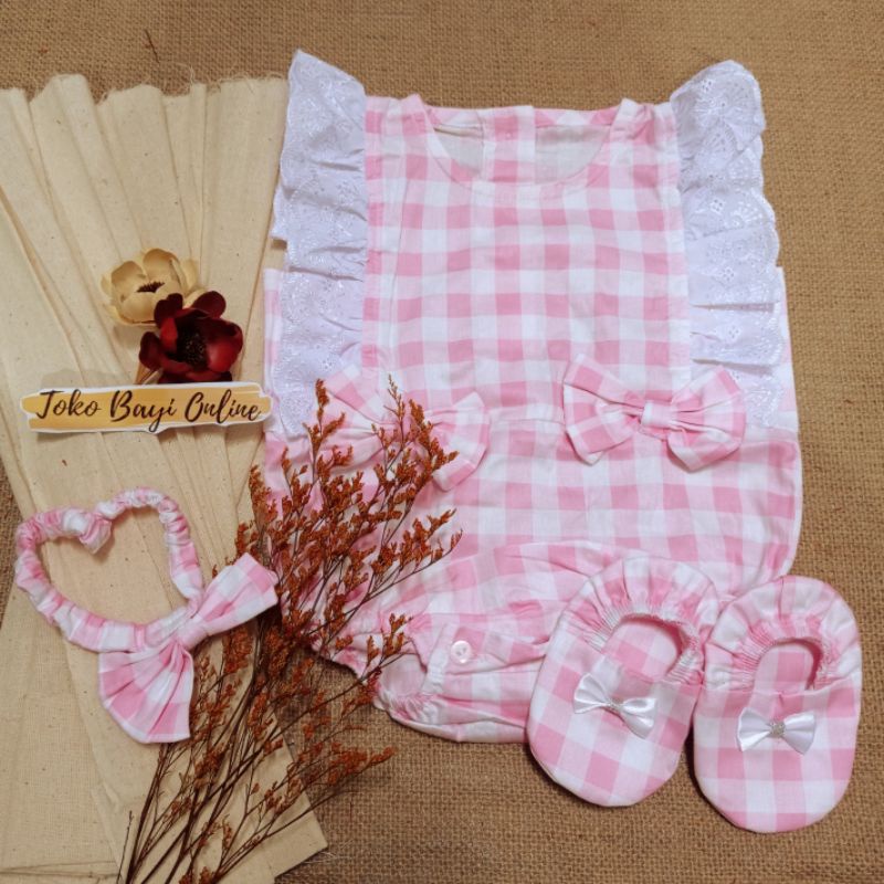 Baju jumper 0 6 bulan bando lucu bestseller anak bayi cewek perempuan murah-Kotak pink