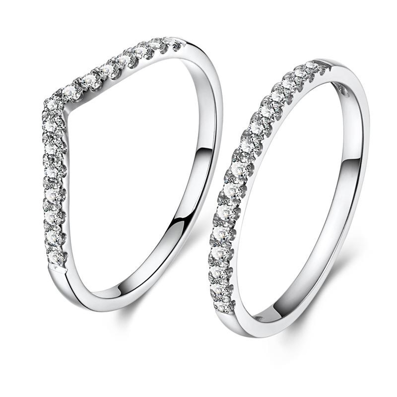 2pcs / Set Pandora Cincin 925 Silver Bentuk V Aksen Berlian Cubic Zirconia Dengan Kotak Untuk Wanita