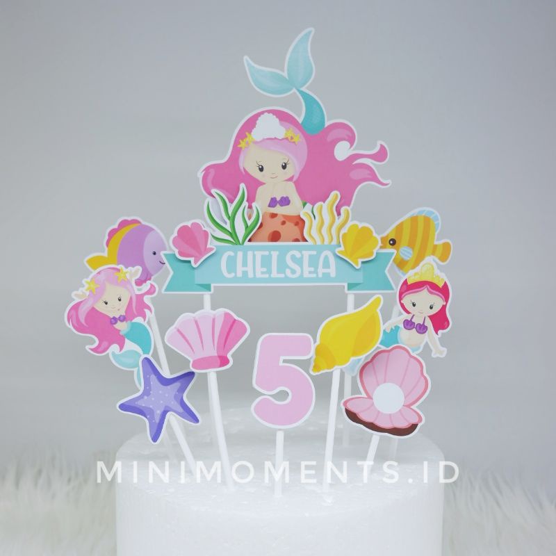 Cake Topper 3D Custom Nama Karakter Mermaid Putri Duyung - Alat Dekorasi Kue Ulang Tahun - Satu Set 