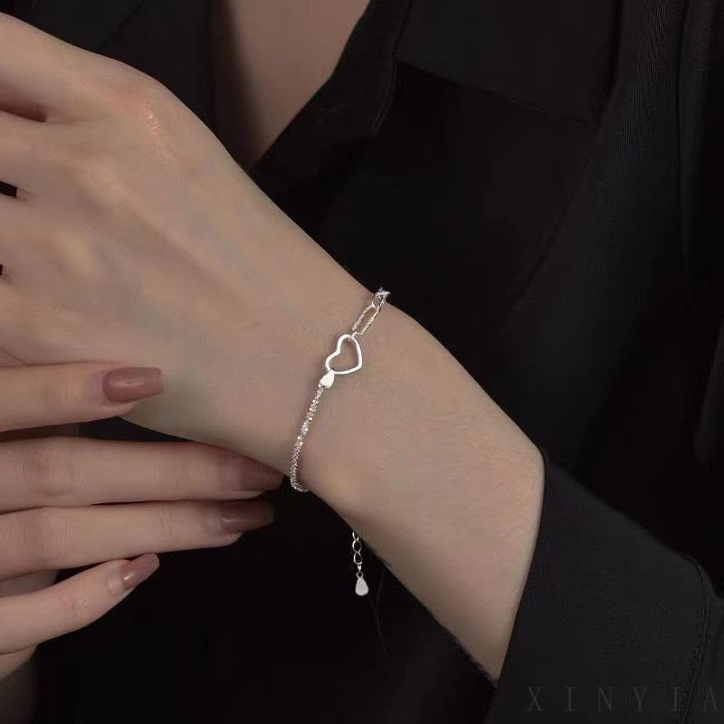 【Bayar di tempat】Gelang Rantai Asimetris Desain Hati Hollow Untuk Wanita Korea Gelang Fashion Ganda Cinta Hati Bangle Wanita Perhiasan Aksesoris