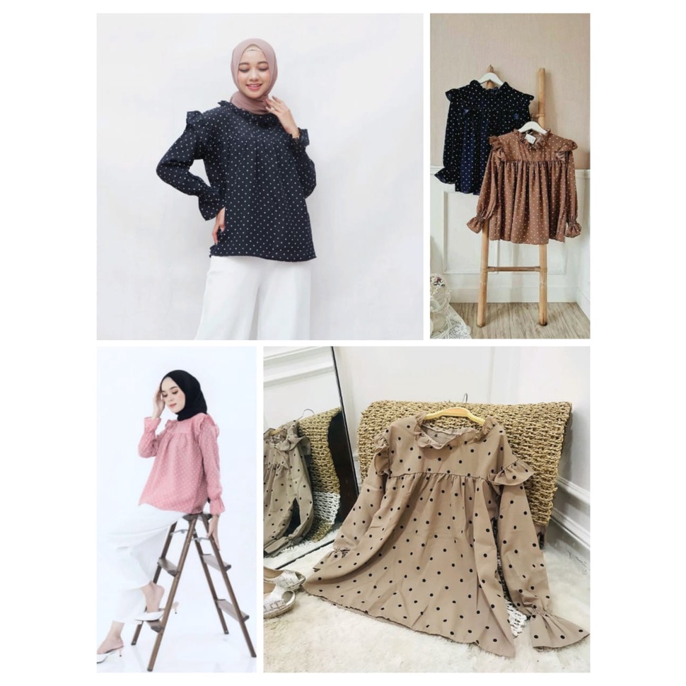 JKFashion - ZEC Blouse Ruffle Polkadot /  Blouse Vino Polka / Blus Wanita Korean