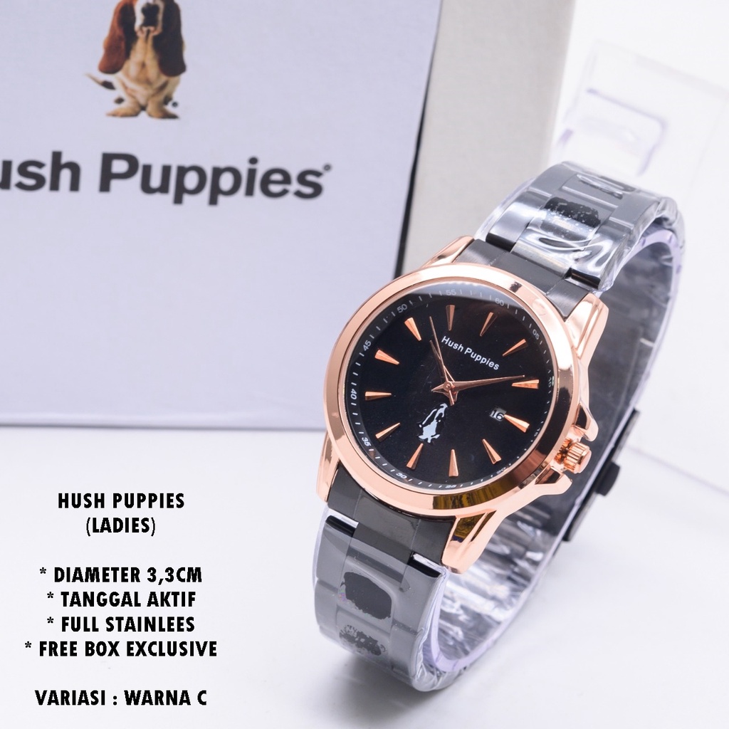 (BISA COD) JAM TANGAN WANITA HUSH PUPPIES H-069 RANTAI BODY BULAT TANGGAL AKTIF