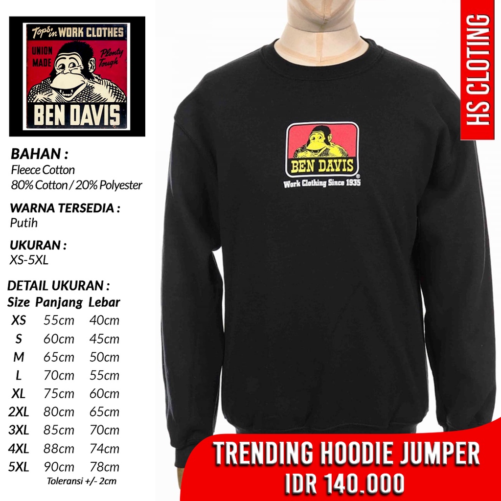 Jaket HSCLO XS-5XL Sweater BEN DAVIS Skate Hip Hop Crewneck Big Size Hitam