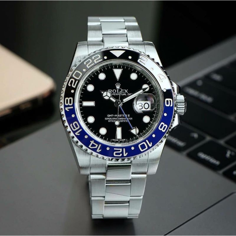 Jam tangan mewah ROLEX GMT-MASTER II automatic, mesin kuning SWISS ETA Mido, include box fullset