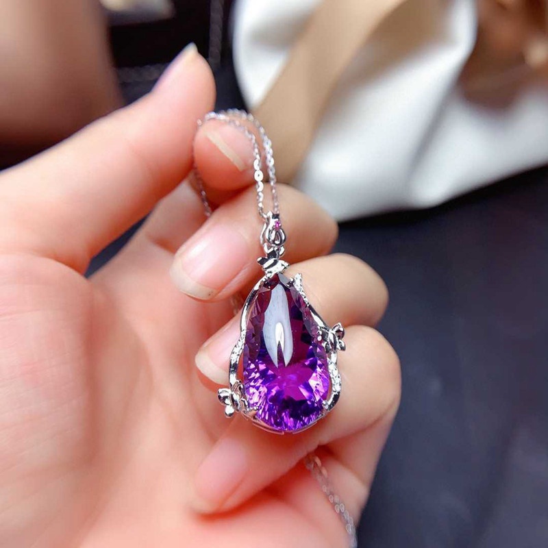 Kalung Rantai Liontin Geometri Hias Kristal Cubic Zirconia Ungu Ala Eropaamerika Untuk Wanita