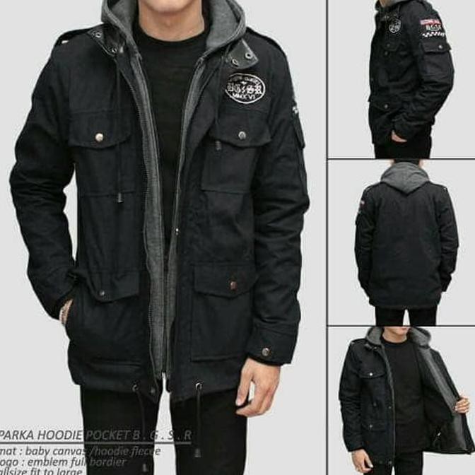 JAKET COWOK JAKET PARKA PRIA BGSR HOODIE HITAM KEREN