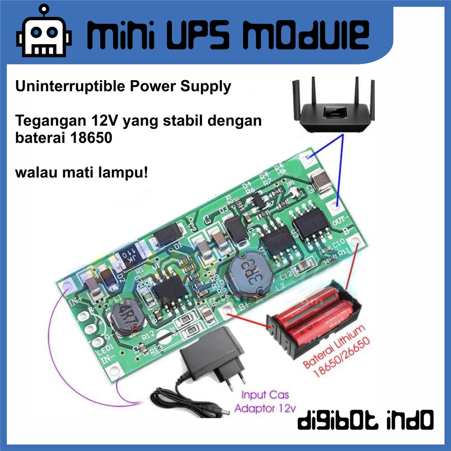 Mini UPS Module - Step Up 9V or 12V 18650 Lithium Battery