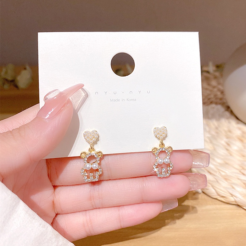 Heart Bear Anting Imitasi Mutiara Zirkon Berlian Imitasi Gadis Manis Minimalis Ear Studs Bridal Wedding Drop Elegan Perhiasan Aksesoris