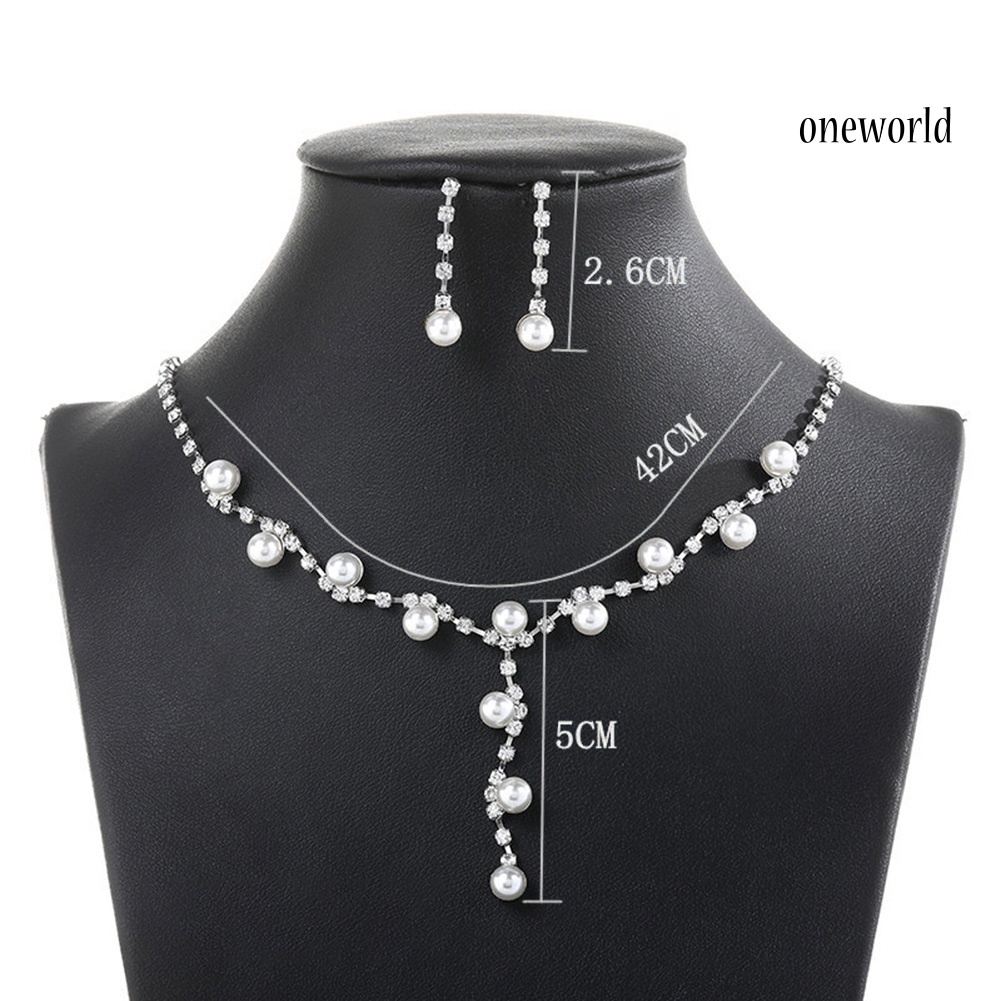 OW@ Fashion Women Rhinestone Faux Pearl Pendant Necklace Stud Earrings Jewelry Set