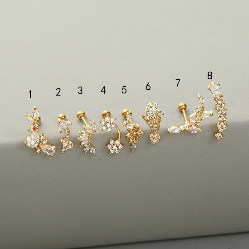 1 Pcs Western Style Cross Flower Pattern Inlaid Zircon Piercing Ear Studs for Bride Jewelry Accessories