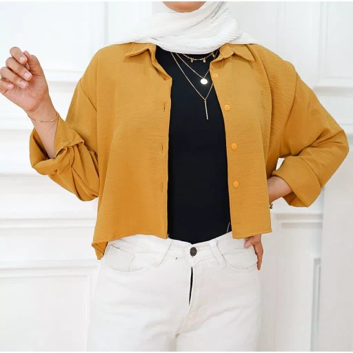 outfit Hanin crop - kemeja crop crinkle - atasan blouse air flow - atasan crop top korean style