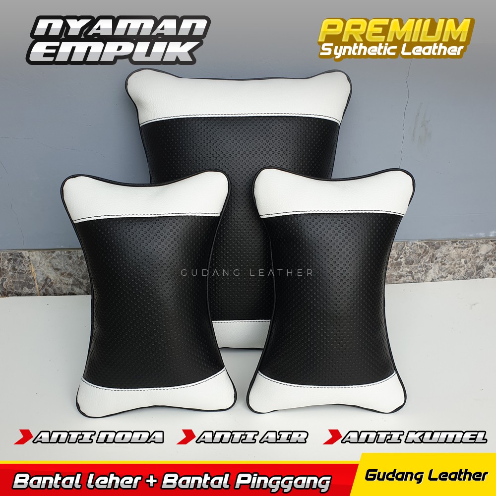 Bantal Mobil Set 2 In 1 / Bantal Leher dan Bantal Pinggang - Hitam Putih