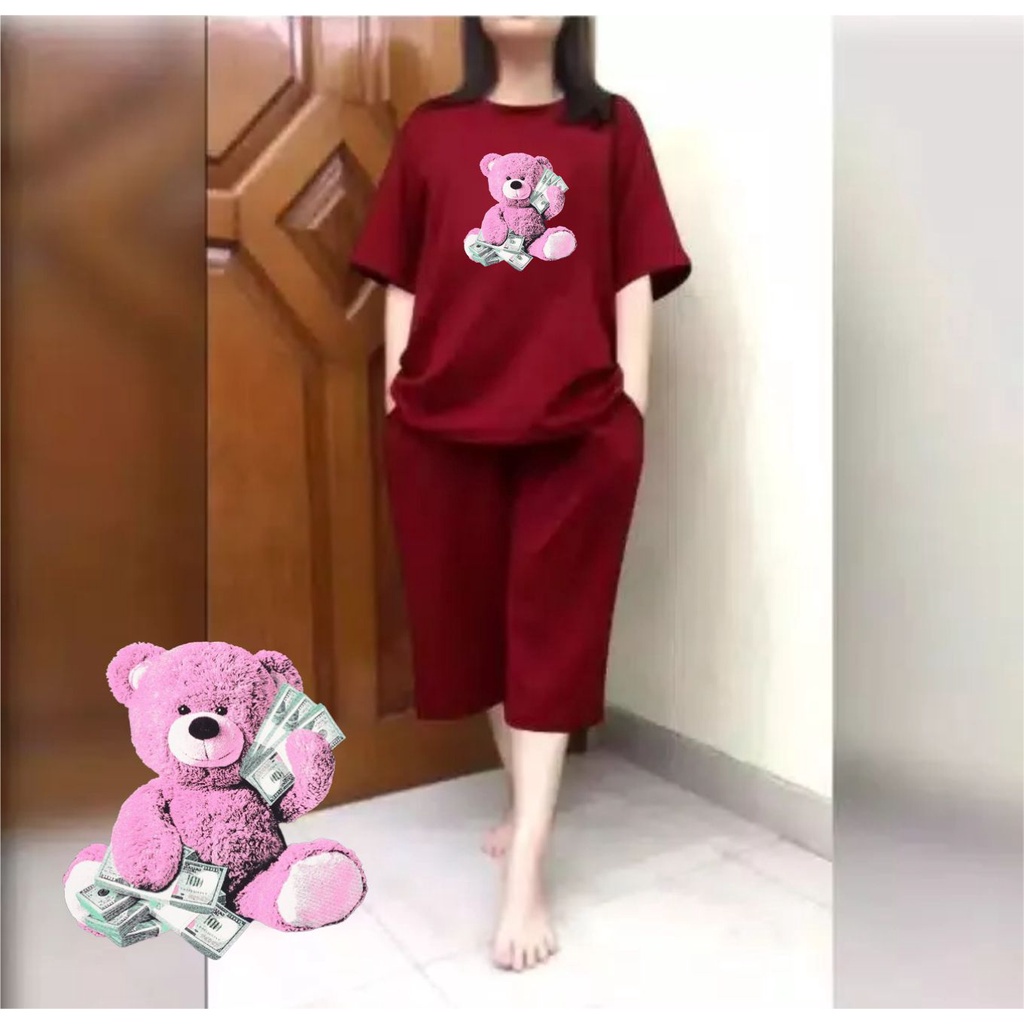 Setelan JUMBO Wanita + Celana Kulot 3/4 Big Size Fit XXL Pink Bear