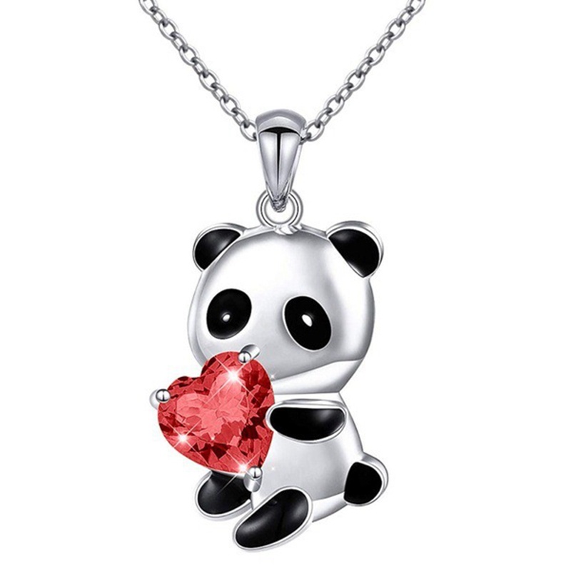 Kalung Rantai Liontin Panda Hati Aksen Berlian Warna Silver Untuk Aksesoris Sweater