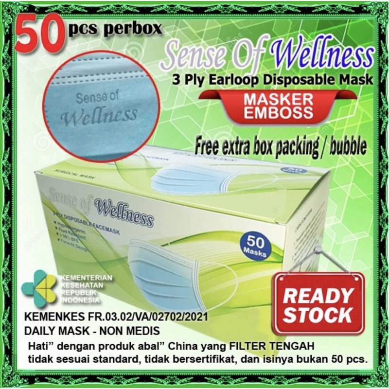 Masker 3 Ply 3Ply Earloop Disposable Face Mask Daily Mask (Harga/box) WELLNESS