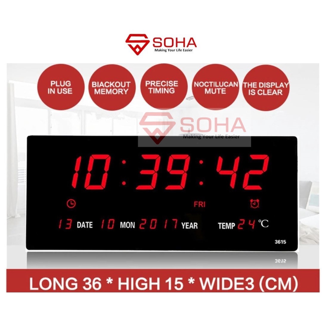 JD- 3615 Jam Digital LED Clock Dinding / jam Meja digital Fitur Kalender Alarm Weker Smart Watch &amp;Tampilan; Jela