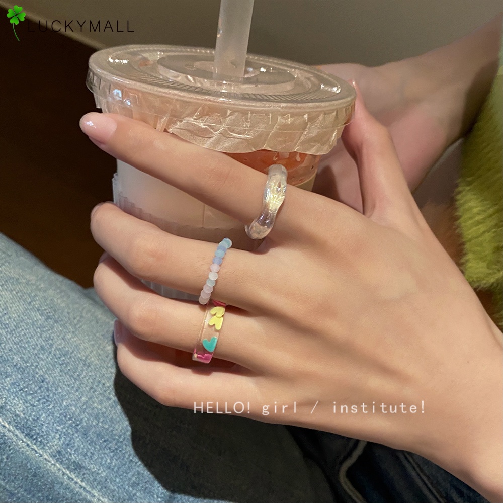 3pcs / Set Cincin Manik-Manik Hati Bahan Resin Gaya Korea Untuk Wanita