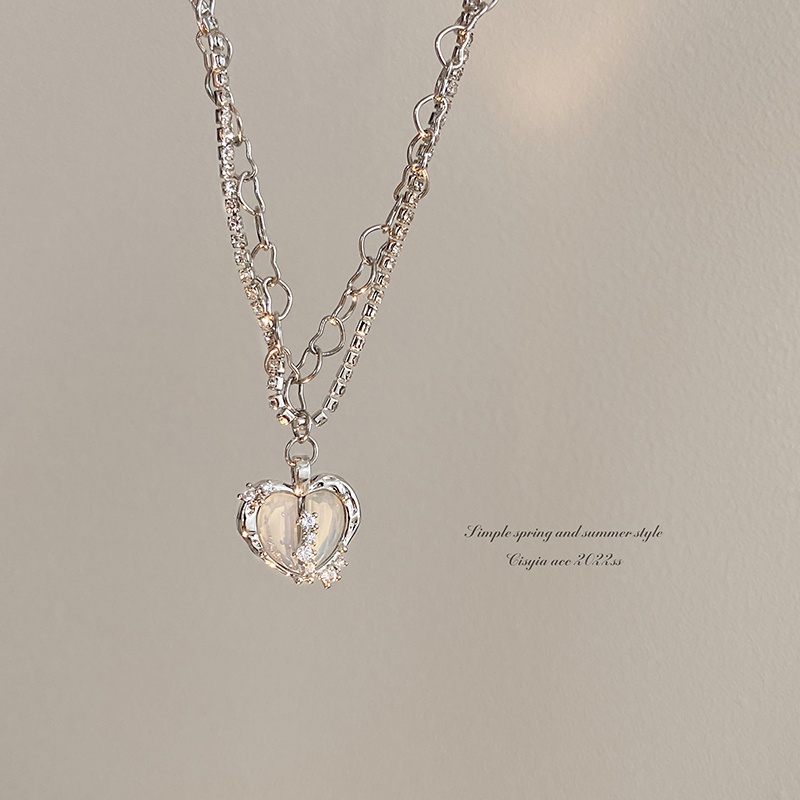 Kalung Choker Rantai Ganda Hias Liontin Hati Kristal Mutiara Warna Silver Untuk Wanita