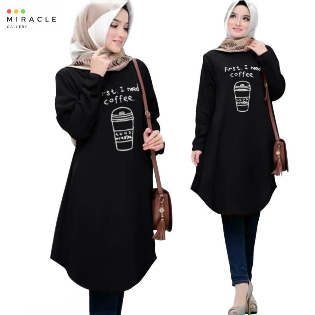 Blouse Tunik FIRST COFFEE Bahan BebyTerry Tebal / Fashion Muslim Atasan