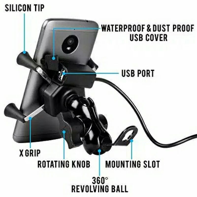 Holder HP Motor Universal X-Grip + Plus Charger Hitam USB Sepeda Motor