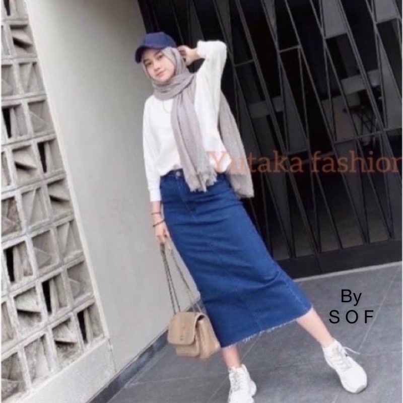(Bisa Cod) Rok Span unfinished cut | Yuki skirt | Rok jeans 7/9 | Rok panjang | Rok jeans | Rok ootd | korea-Biru tua 801