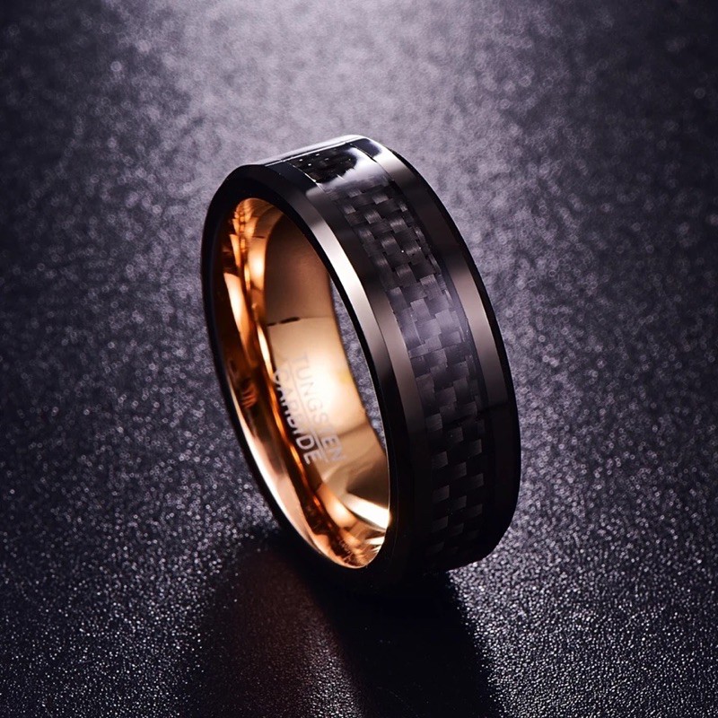 Cincin Pria Tungsten Carbide Original Premium Golden Black Carbon High Quality