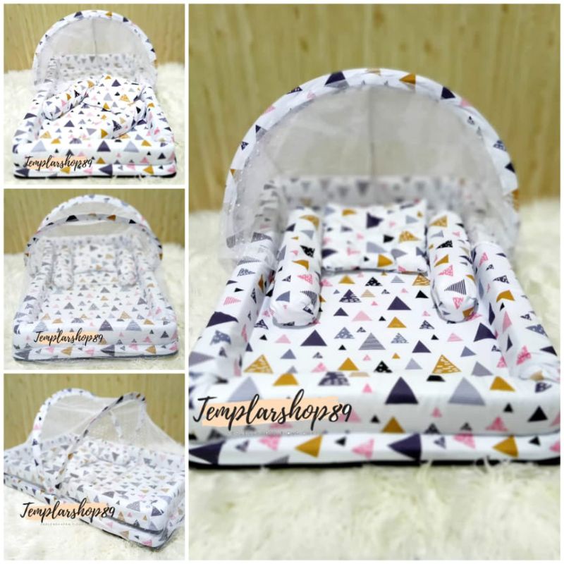 New Normal Kasur Kelambu Bayi Set Bantal Guling PREMIUM / Kasur Lipat Kelambu Bayi / Kasur Kelambu-triangle kolam abu