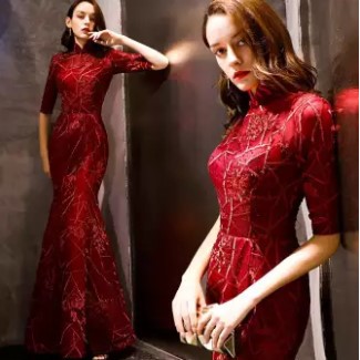 Baju Pelayanan Pengantin Wanita 2020 Model Baru Menikah  Pesta Gaun  merah / maroon