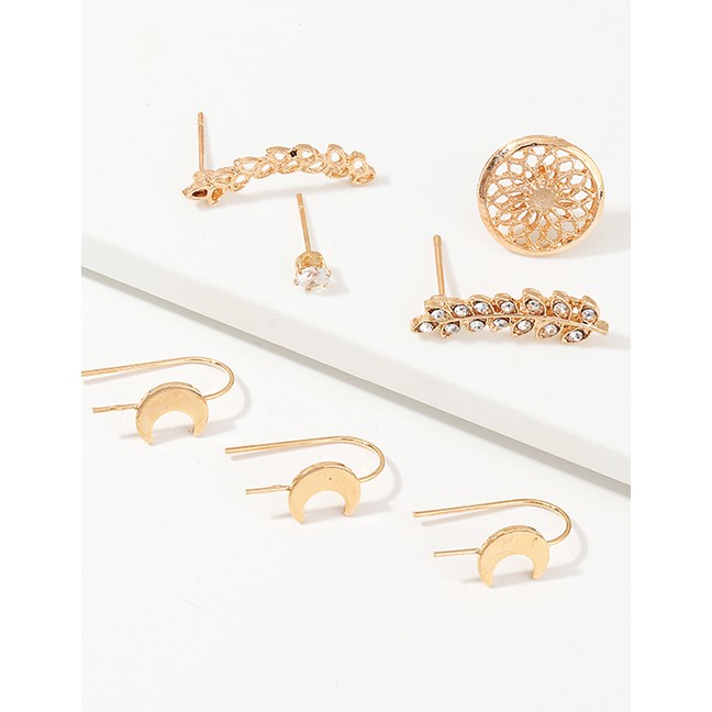 LRC Anting Tusuk Fashion Golden Moon Earring Diamond Leaf Flower Ear Stud Set D81678