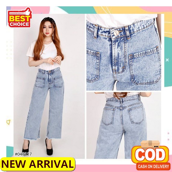 Jeans Boyfriend Cewe Import/Celana Jeans Boyfriend Karet Pinggang Pariasi Sobek Tidak Tembus Fwr - C