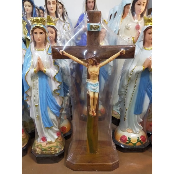 Salib Duduk Yesus Bolak Balik Kayu Corpus Fiber 30cm (5650) - Salib Duduk - Salib Meja