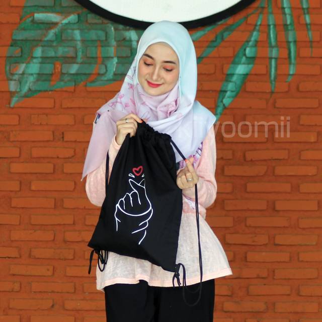 STRINGBAG TAS RANSEL SERUT SABLON | korean style bahan drill TANGAN LOVE  Saranghaeyo