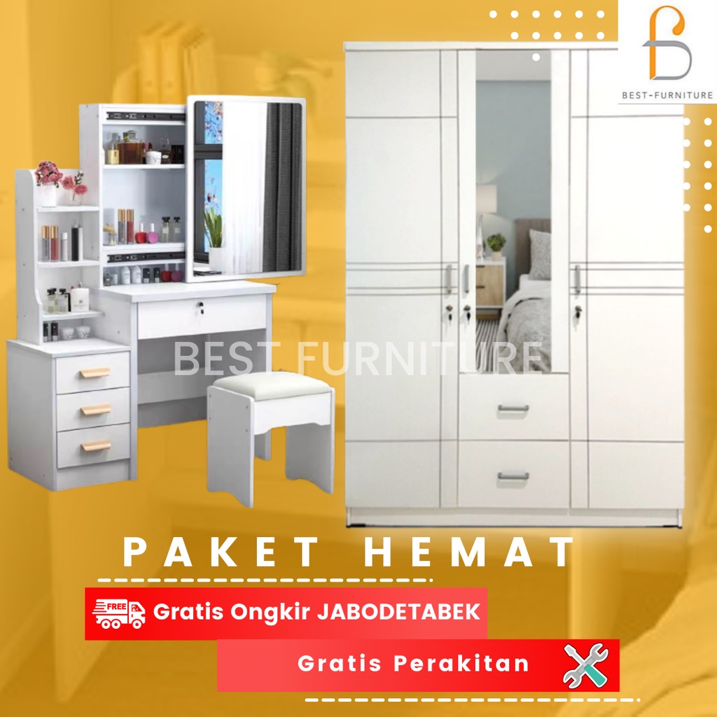 GRATIS ONGKIR + RAKIT Paket Hemat-06 Furniture Ruang Kamar Lemari Pakaian 3Pintu BW008 dan Meja Rias