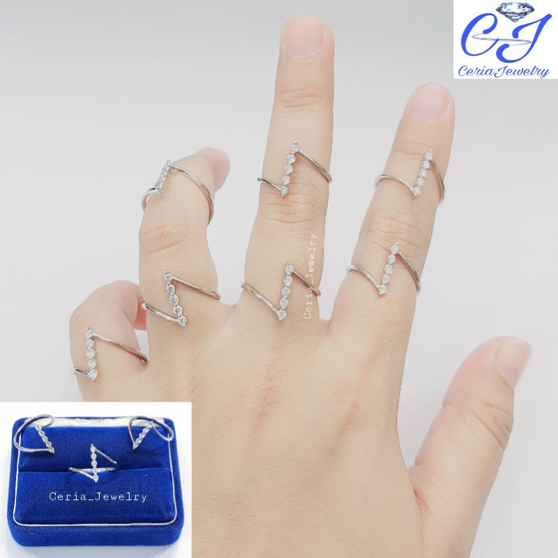 Cincin Perak Asli Silver Wanita 925 Lapis Emas Putih Model Zigzag 1 baris Polos - Perhiasan Perak Wanita Asli