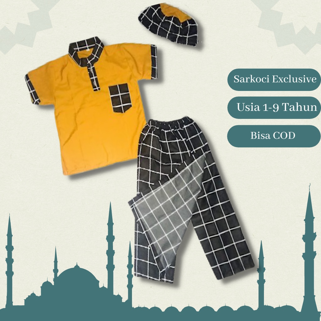 Setelan Pakaian Busana Baju Sarkoci Sarung Celana Koko Peci Bayi Anak Laki Laki Umur Usia 1 - 9 Tahu
