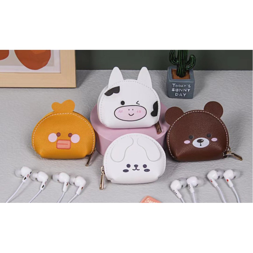 [KN-8227] / [KN-8231] Set Headset Earphone Motif Kepala HEWAN Bulat / Wadah Earphone Kartun Animal Head Lucu Bahan Kulit / Dompet Earphone Kulit Lucu