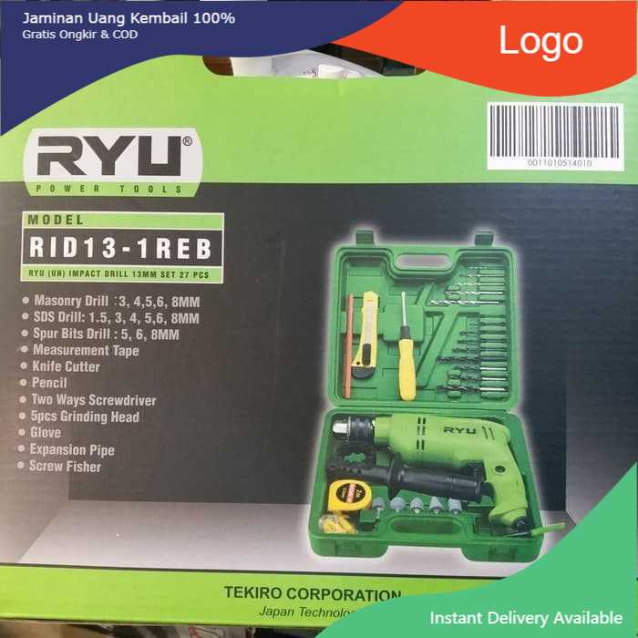 MESIN BOR TANGAN RYU RID13-1 RE / MESIN BOR set 27 pcsTEMBOK TEKIRO