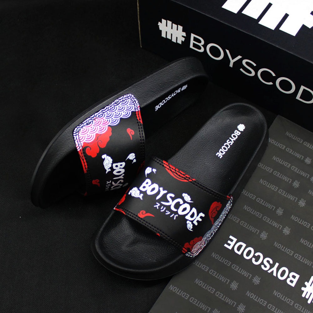 Sandal Selop Distro Pria Wanita Original BOYSCODE Akatsuki Cloud Hitam Merah / Sandal Slop Pria / Sandal Slide Pria