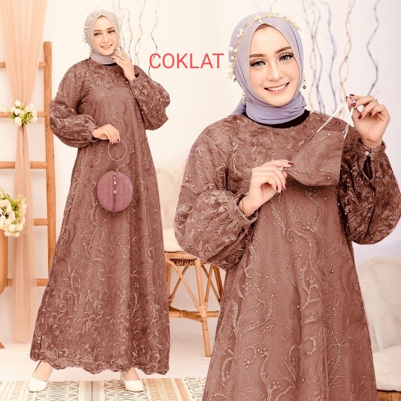 Baru Gamis HARUMI (Free Masker Brukat) Dress Muslim Dewasa dan Remaja Full Brukat Tile Mutiara (100%