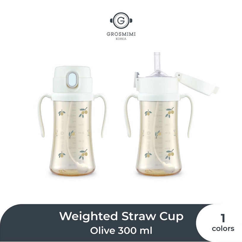 Grosmimi PPSU Olive Weighted Straw Cup 200ml / 300ml - Botol Minum Anak Dengan Pegangan Baby Bottle with Handle Pemberat