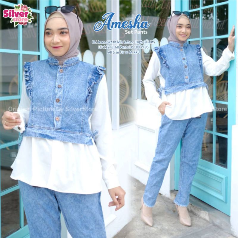 Amesha One Set Setelan Celana Tunik Jeans Mix Katun Polos Putih Ld 112 Jumbo Fit XXL Busui Kancing B