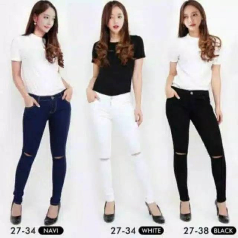 Celana HighWaist Sobek Lutut Cewek Slimfit