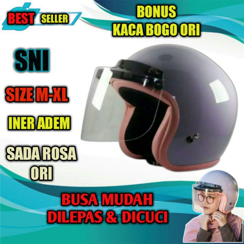 Helm Motor Bogo Wanita Dewasa Retro Helem Half Face Cewek SADA  ROSA Kaca Datar SNI Warna Ungu Murah