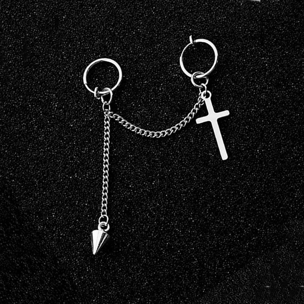 1pc Anting Klip On Tanpa Tindik Desain Salib Rantai Panjang Gaya Punk Untuk Wanita