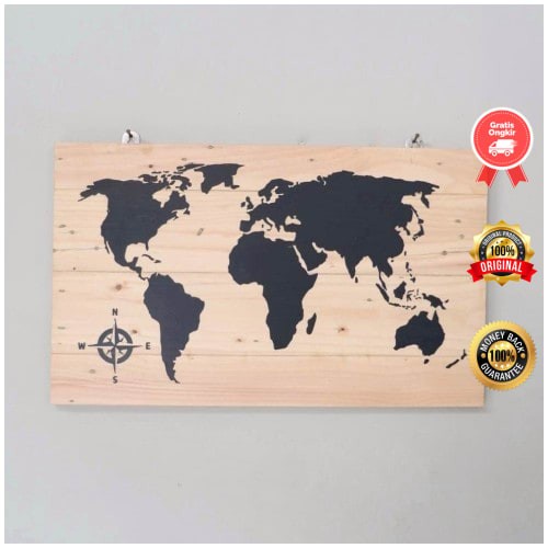 Dekorasi Dinding Gambar Peta Dunia Bahan Kayu Jati Belanda - Hitam