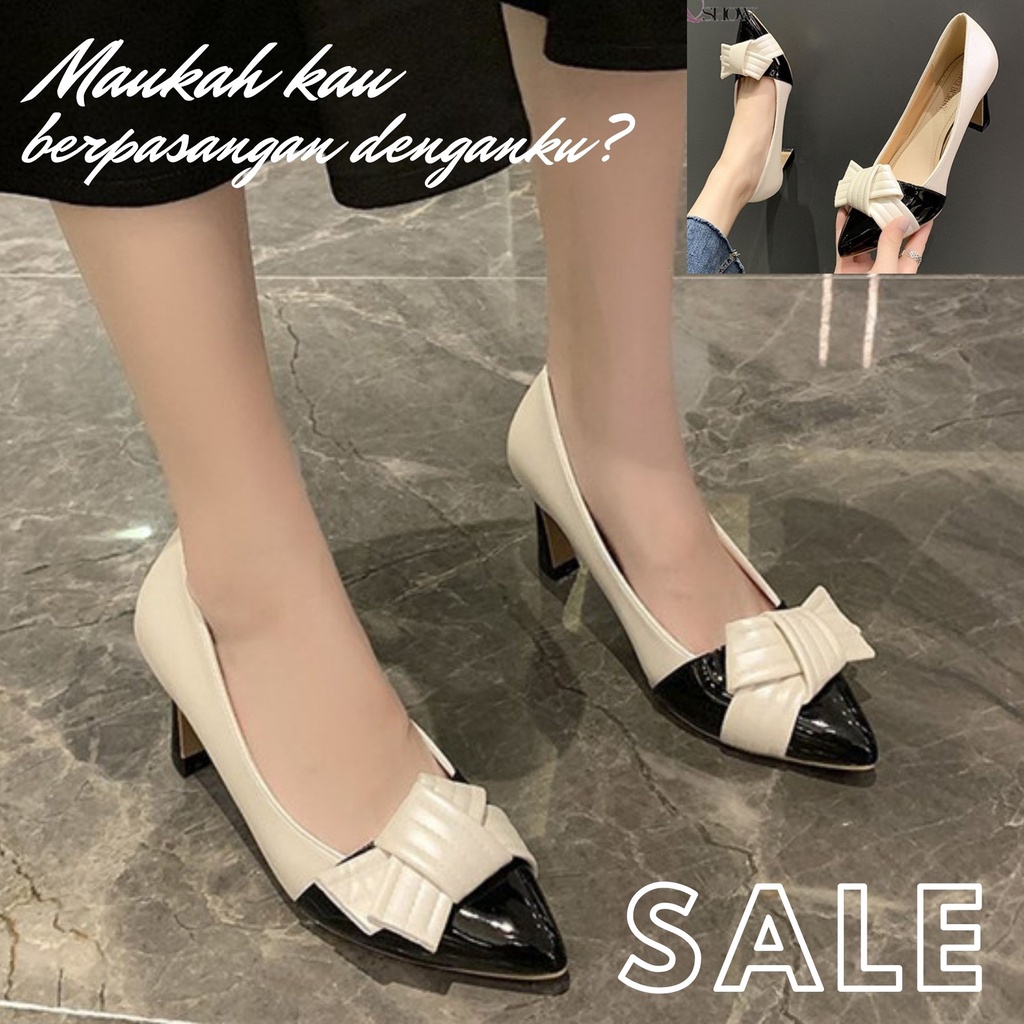 sepatu haigh heels kerja wanita kombinasi pita